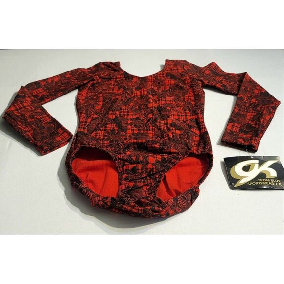 GK Elite AM Long Sleeve VTG Cotton Leotard Bodysuit Red Plaid Floral Size M, NWT - Picture 4 of 13